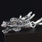 Men Necklace Retro 925 Sterling Silver Dragon Head Pendant Silver Wheat Chain