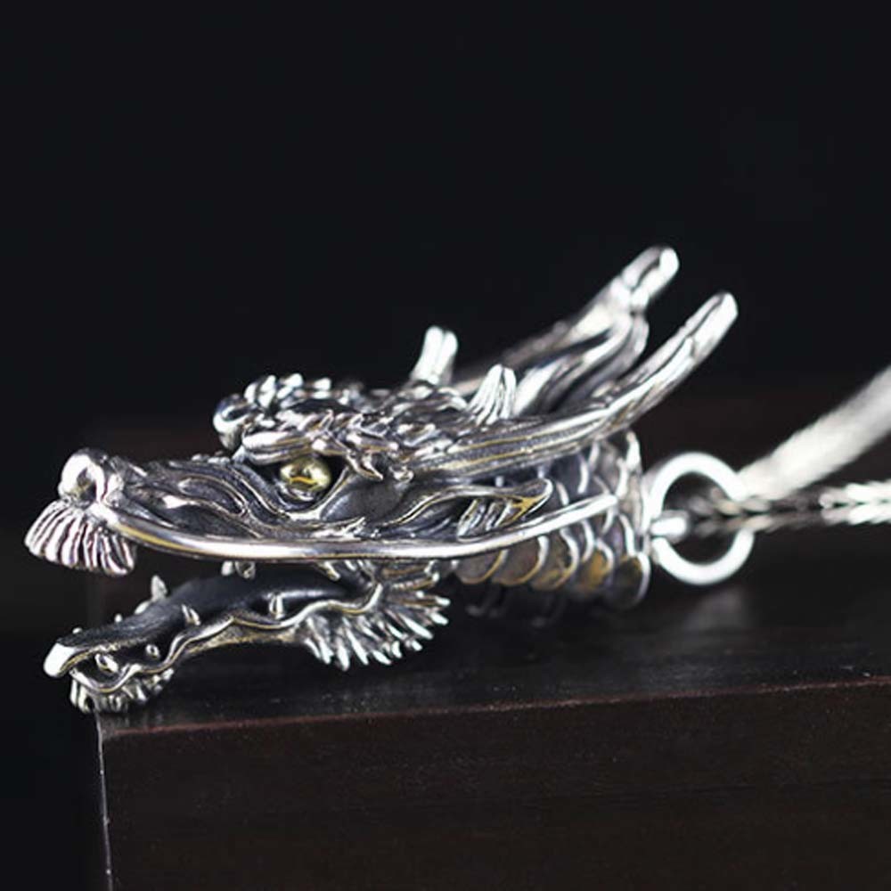 Men Necklace Retro 925 Sterling Silver Dragon Head Pendant Silver Wheat Chain Necklace (DZ020998)
