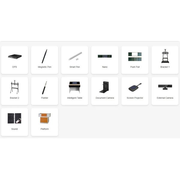 Available accessories for Qtenboard including pens, brackets, and peripheral devices