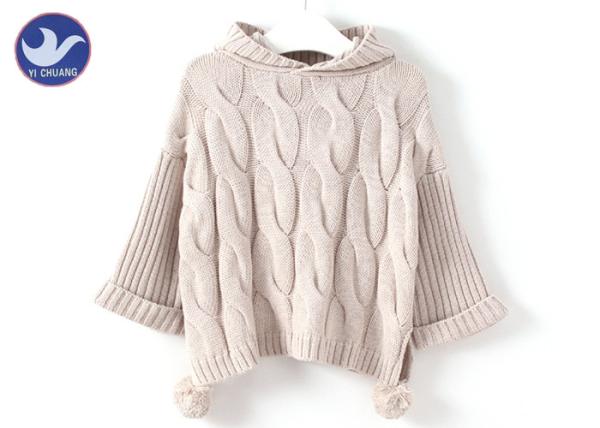 Buy cheap Pompom Ball Ribbed Girls Cable Sweater , Girls Hooded Jumper Winter Clothes from wholesalers