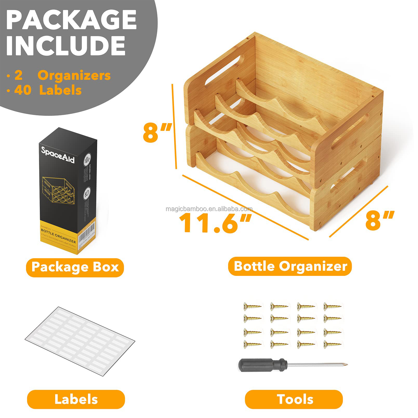 BAMBOO Water Bottle Organizer With Labels Non-folding Rack for Kitchen Pantry and Cabinets