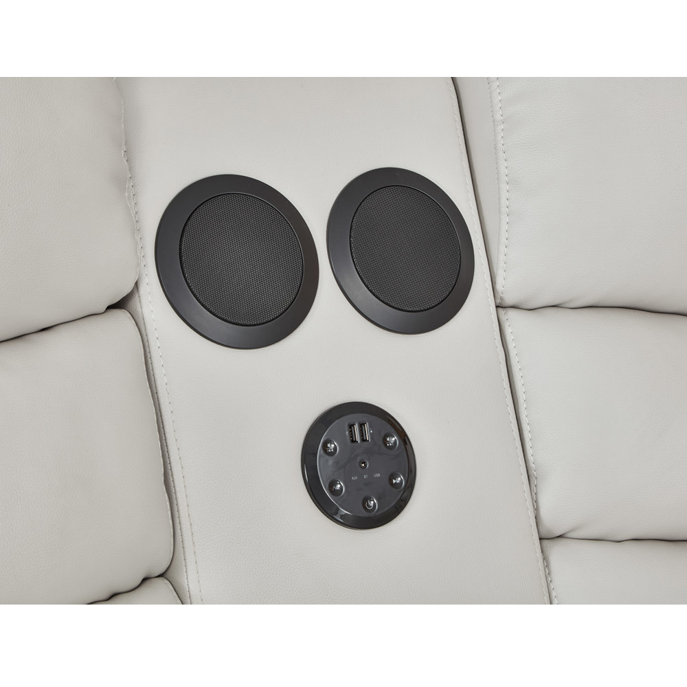 Power Recliner Corner Sofa with 2 Power Recliner Seats and Storage Box and Bluetooth Audio Speaker and LED Light, Beige Breathable Leatherette