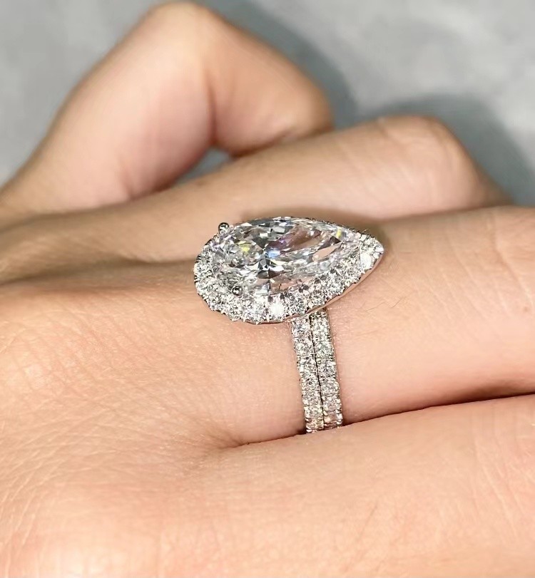 Double Bands Pear Diamond Ring Engagement Wedding Lab Grown Diamond Rings
